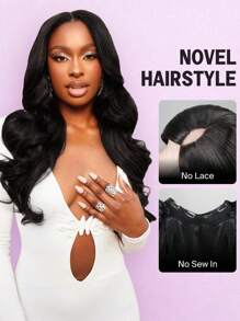 Peluca de cabello sintético de 28 pulgadas, estilo ondulado, con parte central en V, sin pegamento, con clip, media peluca para niñas, aspecto natural para uso diario y selfies - Negro - Ver 3