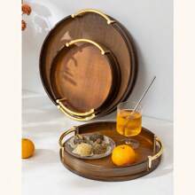 简约圆形带柄竹制茶盘，高端家用茶具托盘，适用于餐厅、厨房、糕点、水果等场合。 - 巧克力棕 - 查看 10
