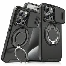 Compatible With Iphone 16/15/14/13/12/11/Pro/ Pro Max/Plus Mobile Phone Case, With Sliding Camera Cover + [Full Camera Protection], With 360° Rotating Ring Bracket/Magnetic Car Bracket/Matte Texture Shockproof Mobile Phone Protective Case - Black - View 14