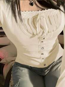 Women's Y2K Fairycore Shirt Top Vintage Lace Trim Square Neck Long Sleeve Button Down Ribbed T Shirts Tops Solid Color Slim Fit Tees Summer Blouses Casual Going Out Tops Aesthetic Clothes Streetwear - 白色 - 查看 3