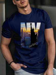 男士海军蓝 3D 印花自由女神像 T 恤，短袖圆领，休闲百搭舒适，可机洗 - 黑色 - 查看 3