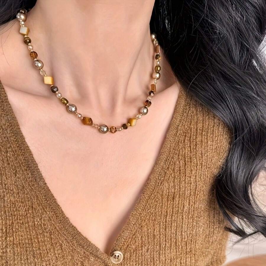 1 pieza Collar con cuentas de ojo de tigre de Maillard, elegante y lujoso, adecuado para eventos formales, reuniones casuales, Día de San Valentín, Día de la Madre, banquetes, fiestas y uso diario. Un regalo refinado para cualquier ocasión., Mamá, Madre, Día de la Madre, Regalo