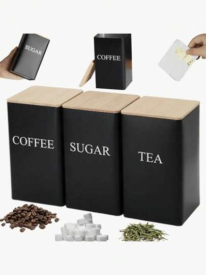 3/1PC Wrought Iron Canisters With Bamboo Lids, Airtight Kitchen Storage Containers For Coffee, Sugar, Tea - Square Tinplate Sealable Cans For Organization And Pantry Display, Kitchen Storage, Food Storage, Room Decoration, Suitable For Kitchen, Restaurant, Party, Camping, Gathering, Gift For Friends, Family Gift, Back To School Supplies