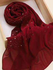 1pc Heavily Embellished Chiffon Rhinestone Hijab Scarf For Abaya - Dusty Pink - View 9