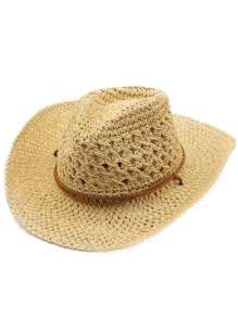 1pc Women Beige Hollow Woven Panama Hat, Cowboy Style With Wind Rope Suitable For Beach Vacation, Sun Protection And Casual Wear, Spring/Summer