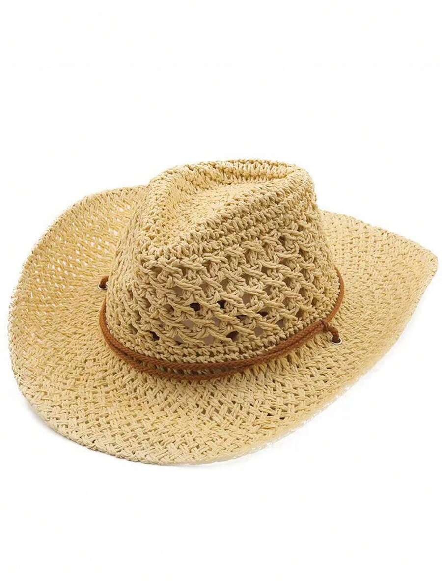 1pc Women Beige Hollow Woven Panama Hat, Cowboy Style With Wind Rope Suitable For Beach Vacation, Sun Protection And Casual Wear, Spring/Summer