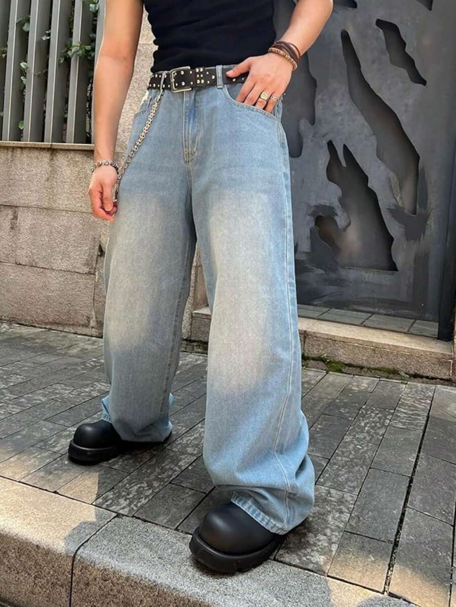 HEHCN Men's Washed Light Blue Wide Leg Casual Loose Jeans, Street-Style Pants, Suitable As Gifts For Husband Or Boyfriend