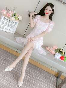 RUIWY 春夏束腰珍珠串珠雪纺迷你连衣裙，迷人设计 - 粉色 - 查看 8