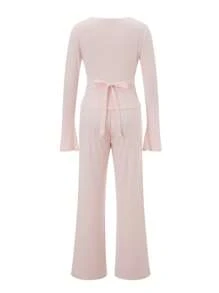 Women Y2k 2 Piece Outfits Straight Leg Pants Set Long Sleeve Crop Tops Y2k Casual Deep V Neck Cross Wrap Slim Fit T-Shirts With Elastic Waist Wide Leg Pants Tracksuit Lounge Yoga Sets Sports Going Out Outfit Streetwear - 粉色 - 查看 7