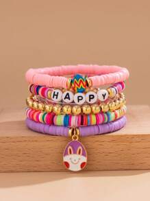 5pcs Fashionable Easter Elements Rabbit & Egg Pendant Bracelets Set, Stackable Colorful Beaded Resin Letter Charm Bracelet, Women Daily Accessory And Holiday Gift Jewelry