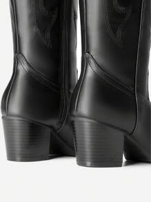 Embroidered Western Boots For Women Comfortable Chunky Heel Pull On Zipper Pointed Toe Knee High Boots Vintage Cowgirl Cowboy Ridding Vacation Boots - Black - View 7