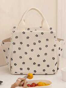 Large Capacity Cute Love Printing Design Corduroy Insulated Lunch Bag With Zipper, Lunchbag For Women, Reusable Insulated Lunch Box, Lunch Kit, Large Capacity Reusable Insulated Cooler For Work Picnic Or Travel - Multicolor - View 4