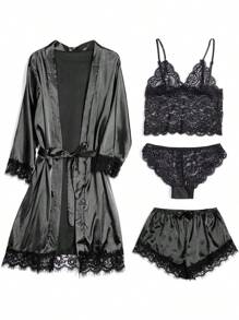 4 Piezas Pijamas de Satén Mujer,Juego de Pijama clásico,Ropa de Dormir Sexy con Bata Pijamas de Satén Mujer - Azul oscuro - Ver 8