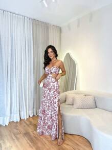 Women's Long Dress Cintia - Red and White - View 1