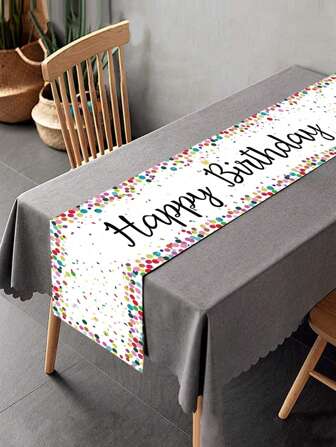1pc Happy Birthday Polyester Tablecloth Table Runner, Perfect Decoration For Family Birthday Party,Home Decoration, Room Decoration