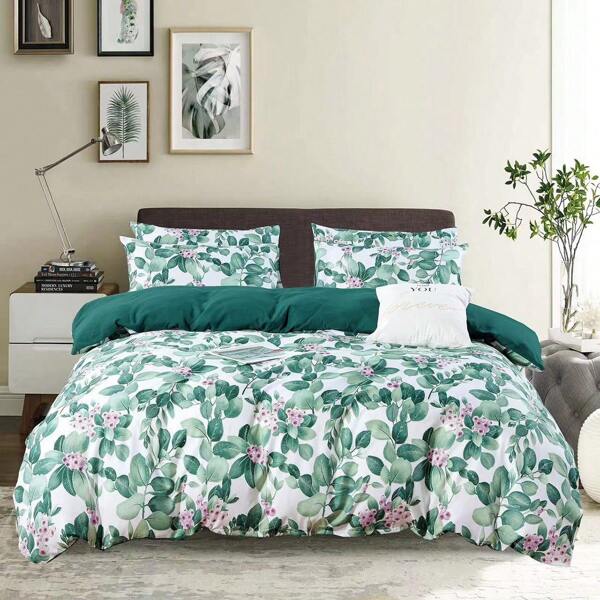 Conjunto de capa de edredom com estampa de folhas verde-claro de 3 peças (1 capa de edredom + 2 fronhas) Estilo sóbrio adequado para quarto e todas as estações 160*200/200*220 várias especificações disponíveis