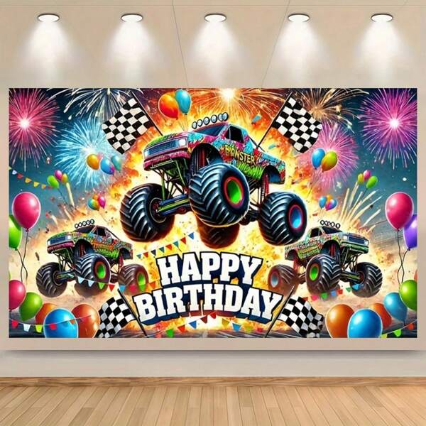 1pc Giant Monster Truck Themed Happy Birthday Banner Polyester Multipurpose Racing Party Background With Fireworks And Balloons Design For Birthday Celebrations