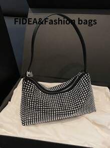 Y2K Fashion Sparkling Rhinestone Glossy Shoulder Handbag, Luxury High-End Elegant Suitable For Work, Shopping, Date, Wedding, Versatile Clutch - Black - View 7