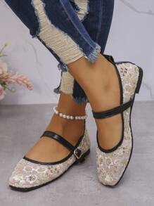 加大码 35-43 新款轻质透气系带玛丽珍平底鞋，米色，透气网眼一脚蹬休闲凉鞋，激光切割花卉图案，舒适女式平底鞋 - 米色 - 查看 4