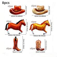 8pcs Western Theme Aluminum Foil Balloons Set, Horse & Cowboy Hat & Boot Shaped Aluminum Foil Balloons, Suitable For Western Cowboy Theme, Birthday Party Decoration, Horse Racing Events, Outdoor Dining Decor