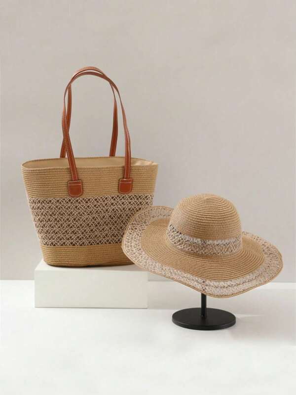 2pcs Straw Hat & Straw Bag Set For Women, Casual Retro Bohemian Party Beach Straw Sun Hat & Straw Tote Bag Suit, Fashionable For Daily, Outdoor, Vacation
