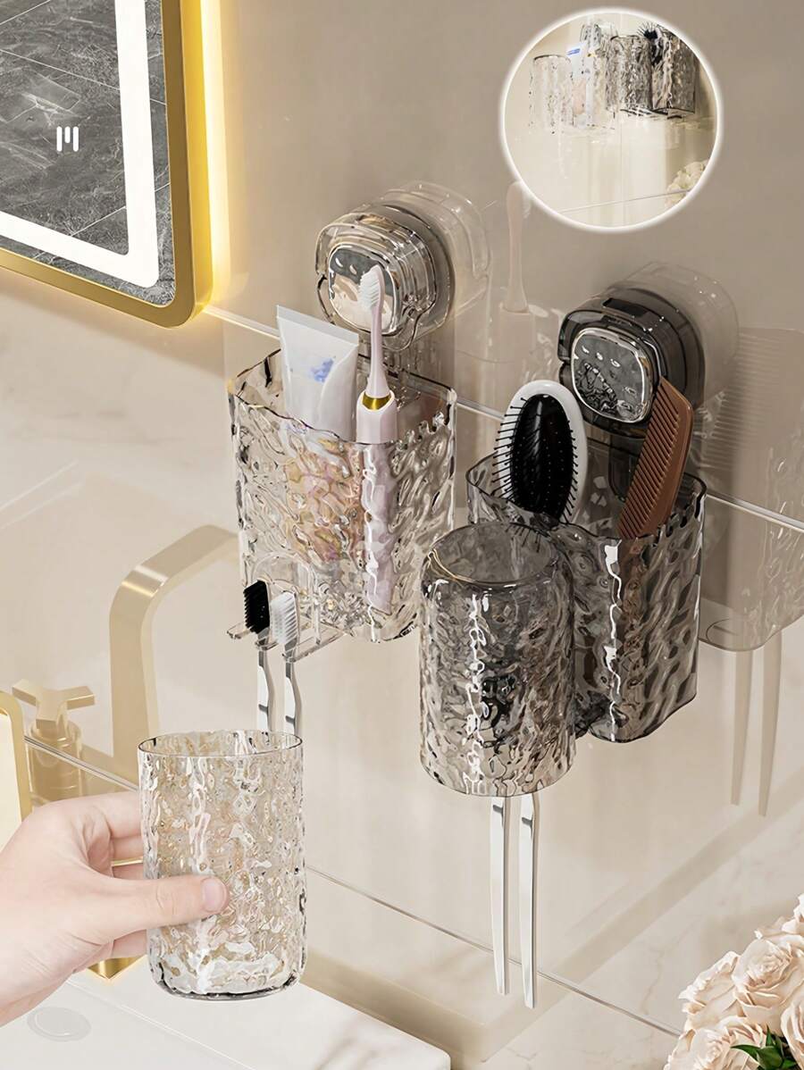 1 pieza Soporte para cepillo de dientes y vaso con ventosa, caja de almacenamiento integrada para cepillo de dientes y vaso, diseño montado en la pared sin perforación, solución ahorradora de espacio para almacenamiento y organización de baño, aseo y ducha, decoración de baño para el hogar, decoración de otoño, regreso a clases