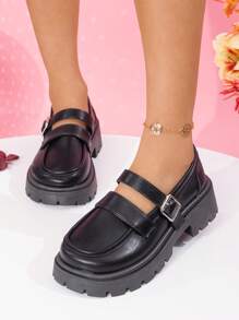 French Retro British Style Thick Sole Small Leather Women Shoes, New Design Strap Buckle Shallow Round Toe Platform Oxfords