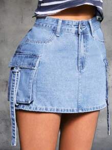 Falda corta recta de mezclilla negra para mujer con botón, cremallera y detalles de bolsillo. Tejido ligeramente elástico para conjuntos lindos y sexys. - Azul - Ver 3