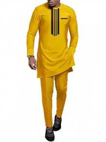 非洲男士休闲两件套，黄色时尚
