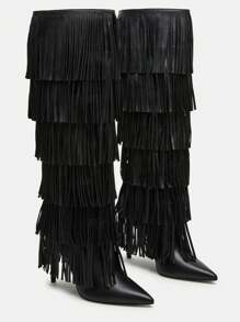 Black Leather Knee High Fringe Boots Layered Fringe Boots Sleek Pointed Toe Stiletto Shoes Fashion Exquisite Luxury Boots - Black - View 1