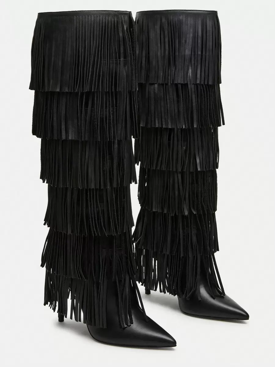 Black Leather Knee High Fringe Boots Layered Fringe Boots Sleek Pointed Toe Stiletto Shoes Fashion Exquisite Luxury Boots - Black - View 1