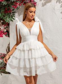 Glitzerndes mehrschichtiges transparentes Kleid, V-Ausschnitt mit Schleifendesign, Cocktail-Party Abendkleid, geeignet für Party, Hochzeitsereignisse, Hochzeitsgast Kleid