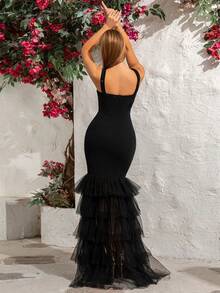 Women's Elegant Black Spaghetti Strap Ruffle Mesh Patchwork Fitted Party Bodycon Dress, Wedding Guest Dress, Formal Dress, Evening Dress,Prom Dress - Black - View 5