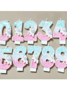 1 bunter Einhorn Kerze, blaue rosa digitale Kerze mit Pailletten, digitale 0-9 Geburtstagkerzen, geeignet für Geburtstagskuchen Dekoration, geeignet für Einhorn Themen Kuchendekorationskerzen, reine handgemachte DIY Kuchendekoration, die Position der kleinen Pailletten ist leicht unterschiedlich