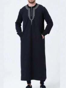 Men's Embroidered Arab Long Robe, Casual Zipper Black Robe For Young Men, Cooling - Black - View 1