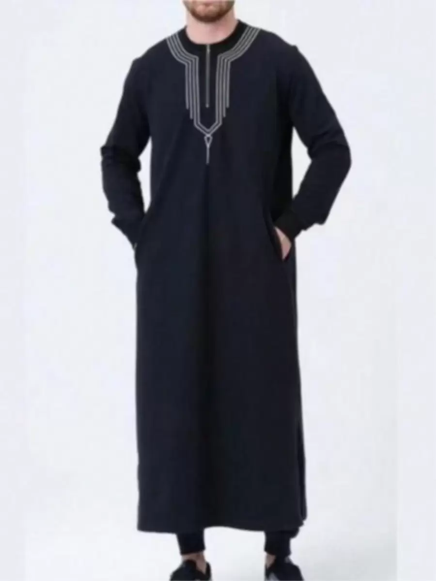 Men's Embroidered Arab Long Robe, Casual Zipper Black Robe For Young Men, Cooling - Black - View 1