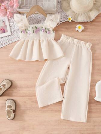 BASUSARRI 两件套女童荷叶边背心上衣搭配3D提花网纱裤，优雅中国风夏季套装