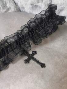 1pc Women Gothic Style Double Layer Lace Cross Collar Necklace, Black And White