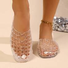2025 Spring/Autumn New Perforated Mules For Women, Outdoor Beach Sandals, Non-Slip Super Soft Bottom Flat Jelly Hollow Crystal Shoes