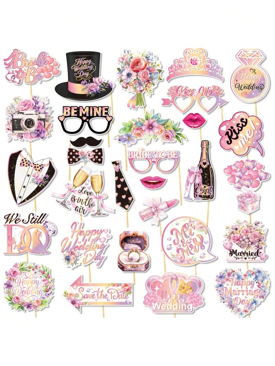 30pcs Wedding Party Photo Booth Props, Signs For Wedding Backdrop And Selfie Station, Pink Teal Selfie Wedding Photo Props For Wedding Party Supplies Decorations - Multicolor - View 1