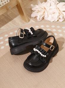 1 paire de chaussures filles mode en dentelle, faux perle, avec fermeture crochet et boucle antidérapante, convient pour l'école, l'extérieur, le port quotidien, toutes les saisons
