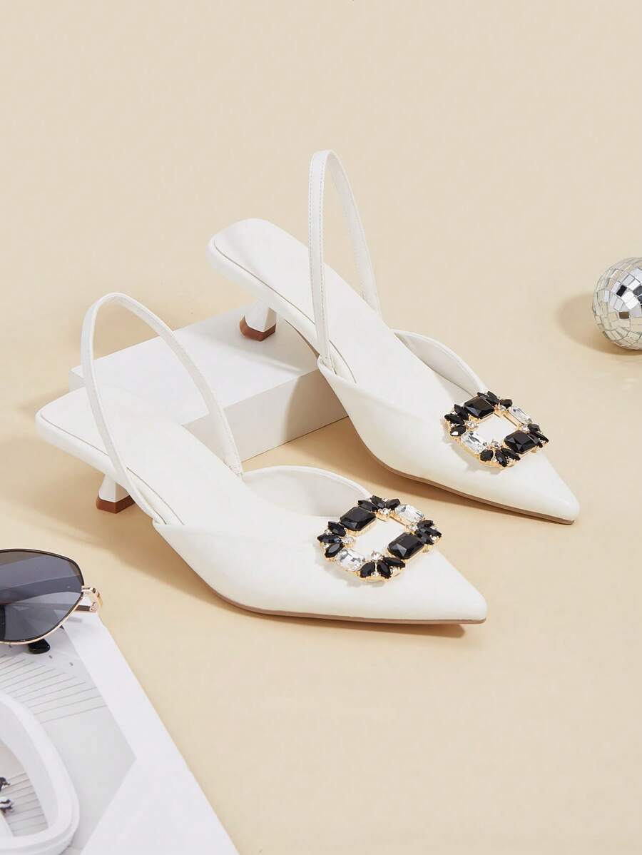 2024 Women's Pointed Toe Crystal Buckle Dress Pumps, Comfortable, Asymmetrical Cut Uppers - White - View 1