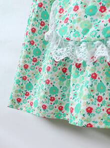 年轻女孩甜美碎花蕾丝边休闲夏装 - 綠色 - 查看 5