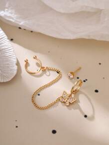 Nooxian 2pcs/Set Multi-Layer Cartilage Piercing Earring Set, Fashionable Butterfly Element C-Shaped Copper Ear Clip Linked Ear Cuff, Niche Cubic Zirconia Stud Earrings Set (No Gift Box) - Yellow Gold - View 6