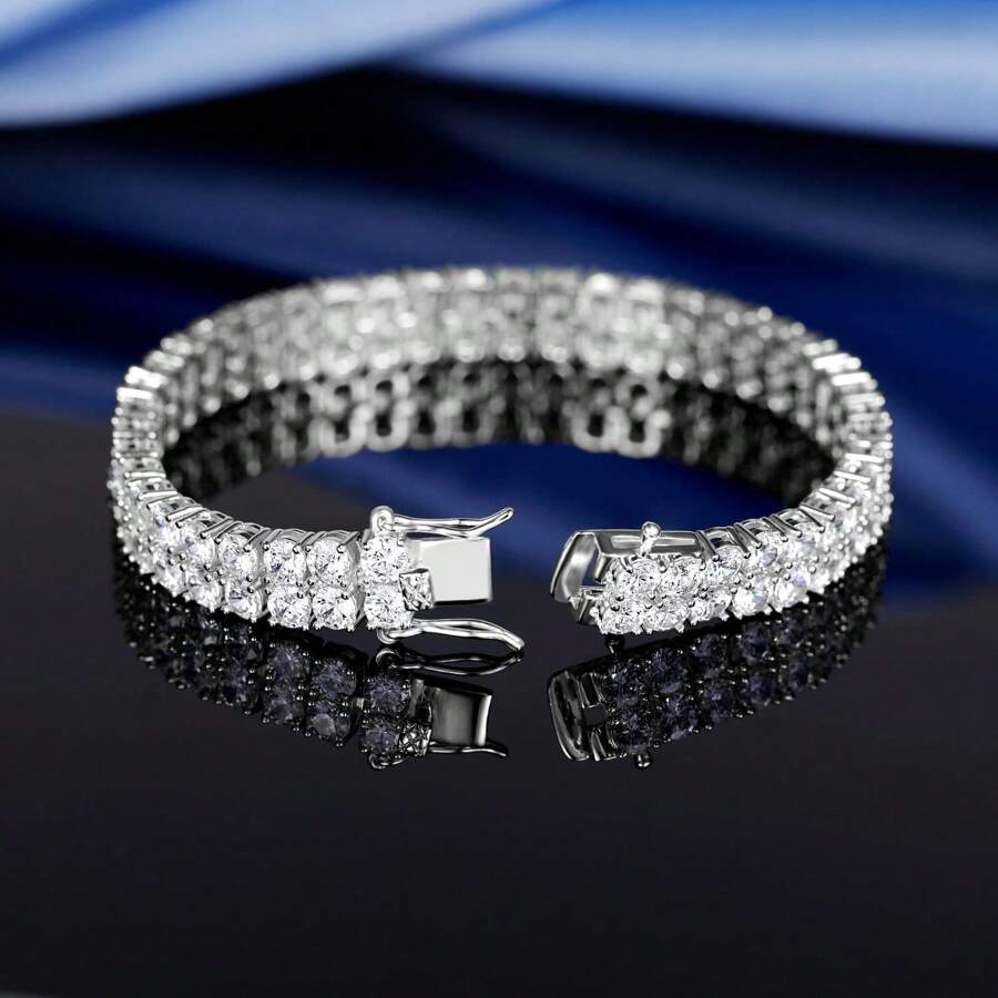 Tennis Bracelets For Women Men,18K White Gold Plated 2 Row 3.0 Round Cubic Zirconia Tennis Bracelet Iced Out Hip Hop Bracelet