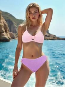 Women 2-Piece Bikini Swimsuits Cutout Backless Padded Bra And Drawstring Briefs Sets For Summer Beachwear Bathing Suit - Purple - View 1