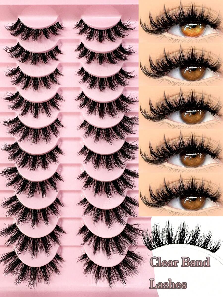 LYBCG New 10 Pairs Manga Lashes Eyelashes 3D Mink Lashes Natural Eyelashes Clear Eyelash Stem False Eyelashes Cat Eye Lashes Eyelash Extension Effect For Halloween Cosplay Manga Lashes - màu đen - Xem 1