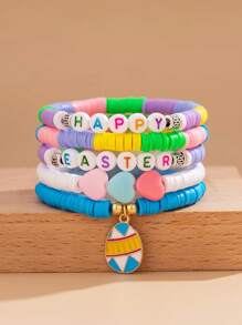 5pcs Fashionable Easter Elements Rabbit & Egg Pendant Bracelets Set, Stackable Colorful Beaded Resin Letter Charm Bracelet, Women Daily Accessory And Holiday Gift Jewelry