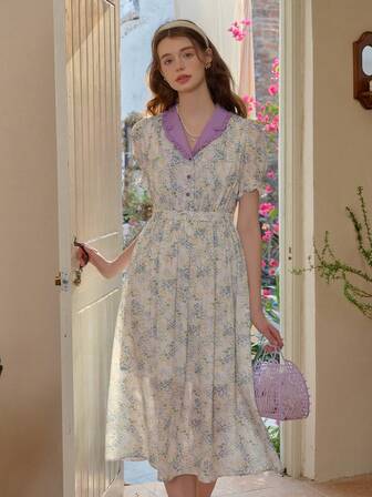 Simple Retro 女士春夏撞色领扣式全印花花卉黄色浪漫优雅复古修身短袖长裙