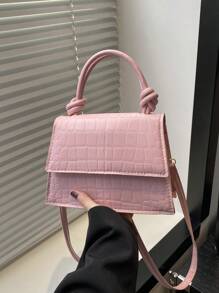 时尚纯色鳄鱼纹压花方形单肩斜挎包翻盖包，适合逛街、钱包、购物、年轻女性、大学生、新人、白领。非常适合办公室、大学、工作、商务、通勤、户外活动、旅行和郊游